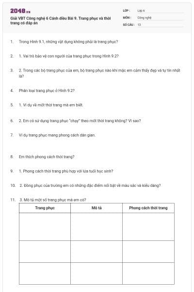 Giải VBT Công nghệ 6 Cánh diều Bài 9. Trang phục và thời trang có đáp án