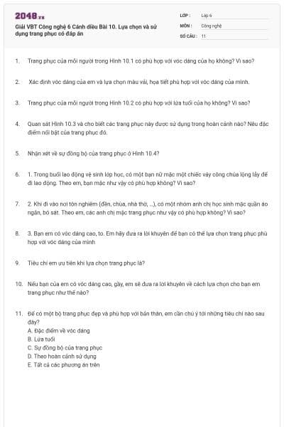 Giải VBT Công nghệ 6 Cánh diều Bài 10. Lựa chọn và sử dụng trang phục có đáp án