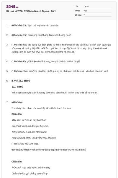 Đề cuối kì 2 Văn 12 Cánh diều có đáp án - Đề 1