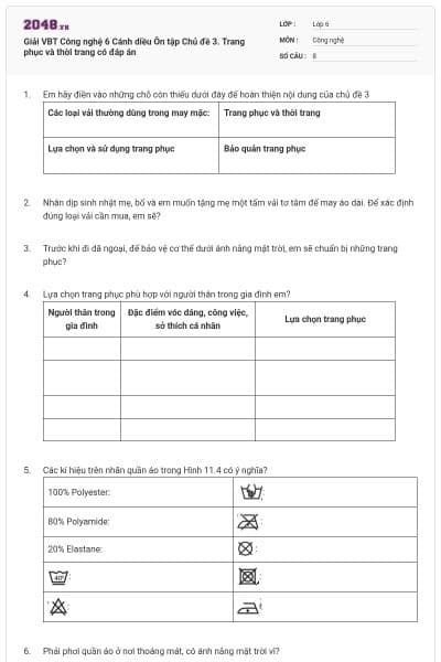 Giải VBT Công nghệ 6 Cánh diều Ôn tập Chủ đề 3. Trang phục và thời trang có đáp án
