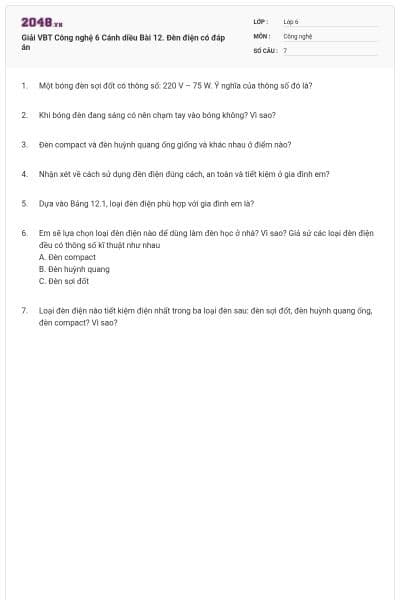 Giải VBT Công nghệ 6 Cánh diều Bài 12. Đèn điện có đáp án