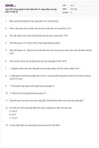 Giải VBT Công nghệ 6 Cánh diều Bài 14. Quạt điện và máy giặt có đáp án
