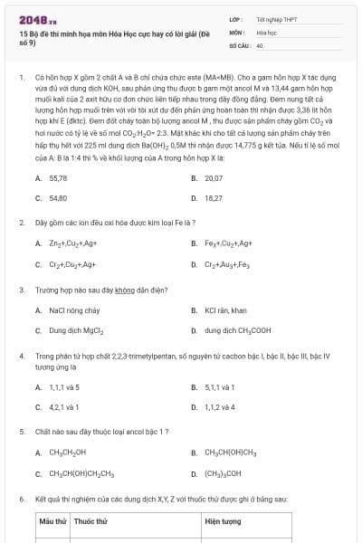 15 Bộ đề thi minh họa môn Hóa Học cực hay có lời giải (Đề số 9)