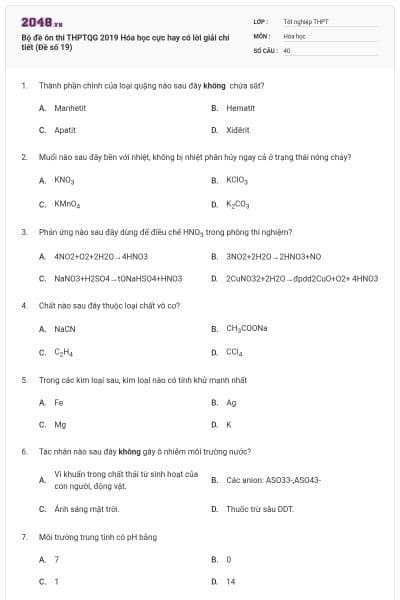 Bộ đề ôn thi THPTQG 2019 Hóa học cực hay có lời giải chi tiết (Đề số 19)