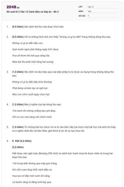 Đề cuối kì 2 Văn 12 Cánh diều có đáp án - Đề 3