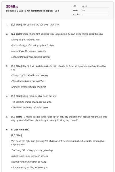 Đề cuối kì 2 Văn 12 Kết nối tri thức có đáp án - Đề 8