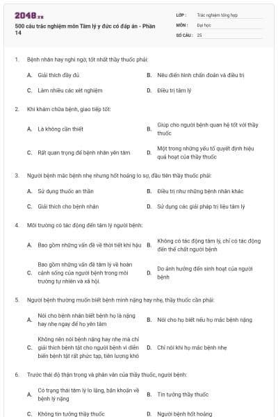 500 câu trắc nghiệm môn Tâm lý y đức có đáp án - Phần 14