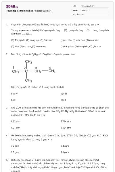 Tuyển tập đề thi minh họa Hóa Học (Đề số 4)