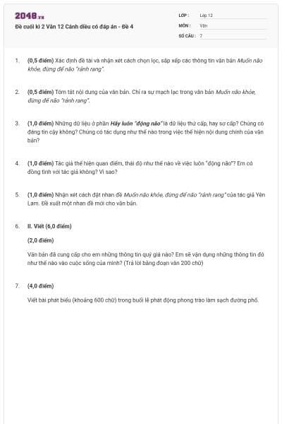 Đề cuối kì 2 Văn 12 Cánh diều có đáp án - Đề 4