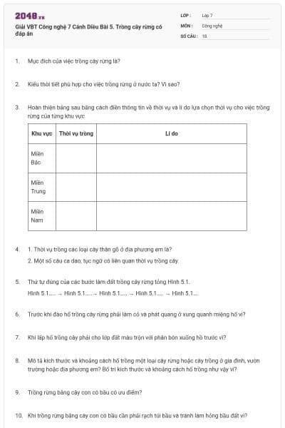 Giải VBT Công nghệ 7 Cánh Diều Bài 5. Trồng cây rừng có đáp án