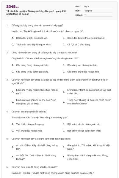 11 câu trắc nghiệm Dấu ngoặc kép, dấu gạch ngang Kết nối tri thức có đáp án