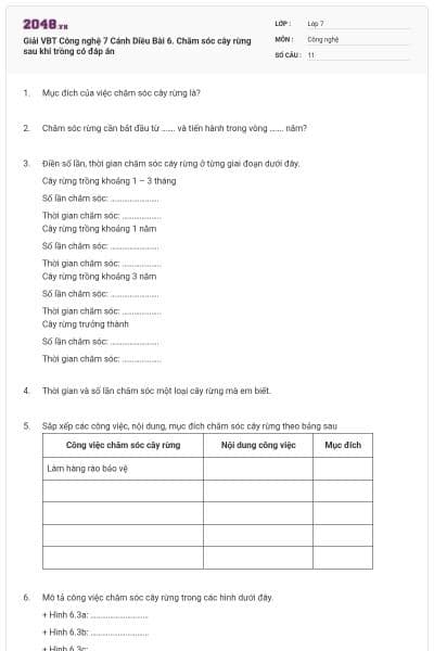 Giải VBT Công nghệ 7 Cánh Diều Bài 6. Chăm sóc cây rừng sau khi trồng có đáp án