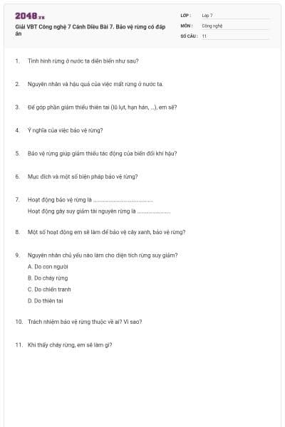 Giải VBT Công nghệ 7 Cánh Diều Bài 7. Bảo vệ rừng có đáp án