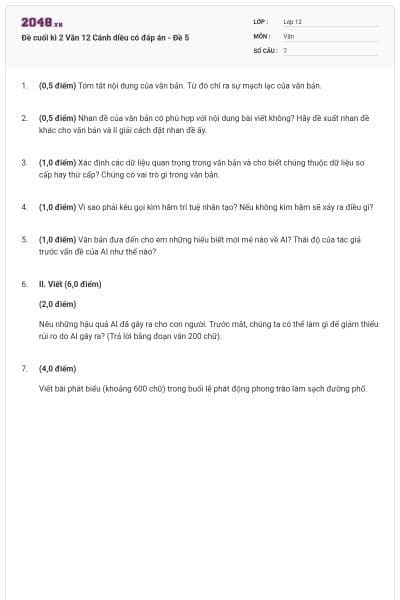 Đề cuối kì 2 Văn 12 Cánh diều có đáp án - Đề 5
