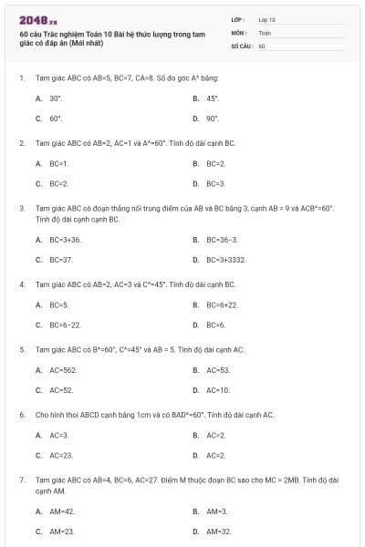 60 câu Trắc nghiệm Toán 10 Bài hệ thức lượng trong tam giác có đáp án (Mới nhất)