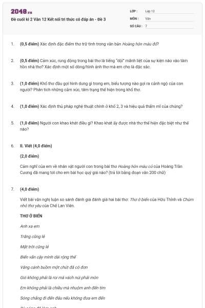 Đề cuối kì 2 Văn 12 Kết nối tri thức có đáp án - Đề 3