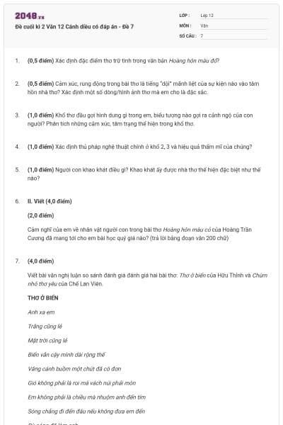 Đề cuối kì 2 Văn 12 Cánh diều có đáp án - Đề 7