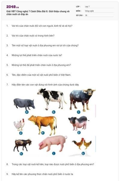 Giải VBT Công nghệ 7 Cánh Diều Bài 8. Giới thiệu chung về chăn nuôi có đáp án