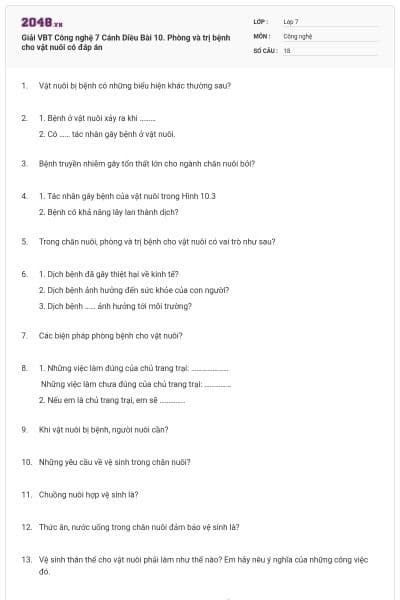 Giải VBT Công nghệ 7 Cánh Diều Bài 10. Phòng và trị bệnh cho vật nuôi có đáp án