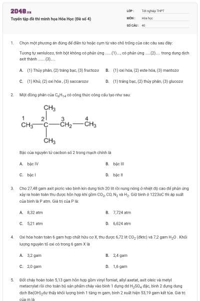 Tuyển tập đề thi minh họa Hóa Học (Đề số 4)