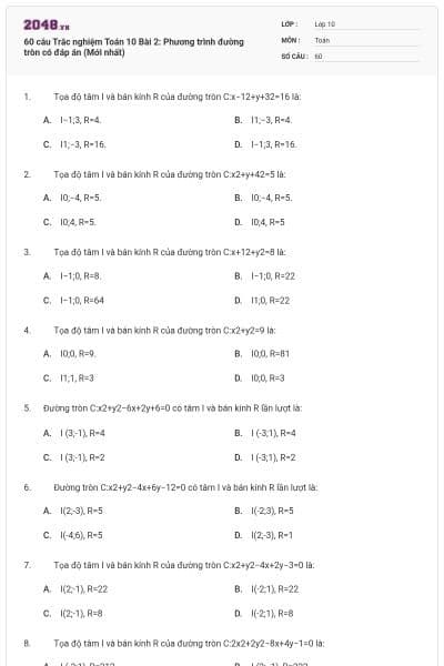 60 câu Trắc nghiệm Toán 10 Bài 2: Phương trình đường tròn có đáp án (Mới nhất)