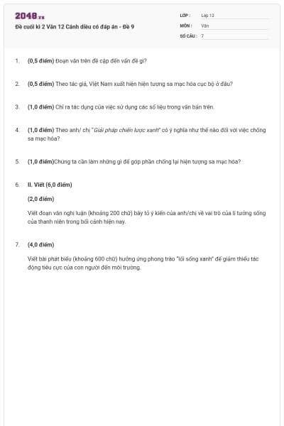 Đề cuối kì 2 Văn 12 Cánh diều có đáp án - Đề 9