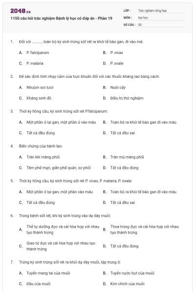 1150 câu hỏi trắc nghiệm Bệnh lý học có đáp án - Phần 19