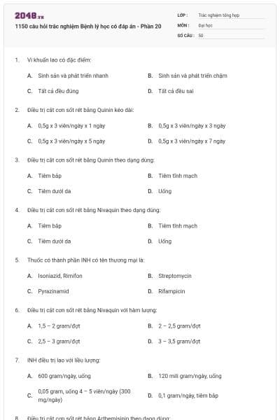 1150 câu hỏi trắc nghiệm Bệnh lý học có đáp án - Phần 20