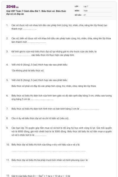 Giải VBT Toán 7 Cánh diều Bài 1. Biểu thức số. Biểu thức đại số có đáp án