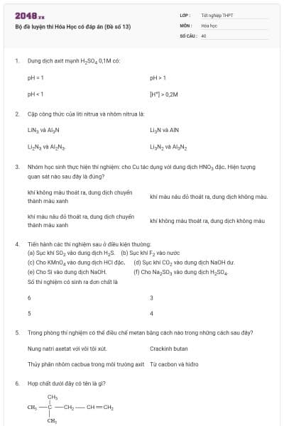 Bộ đề luyện thi Hóa Học có đáp án (Đề số 13)
