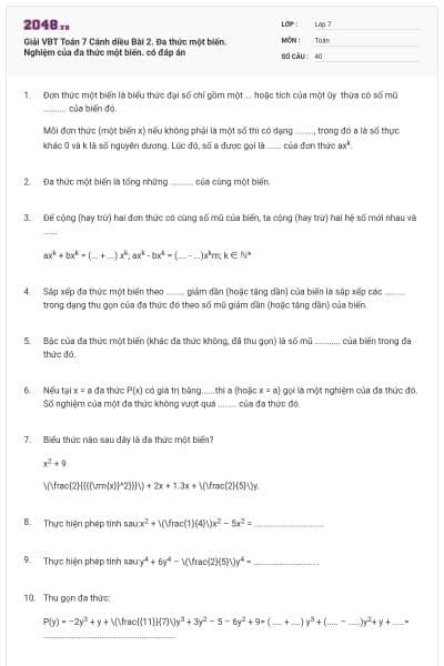 Giải VBT Toán 7 Cánh diều Bài 2. Đa thức một biến. Nghiệm của đa thức một biến. có đáp án