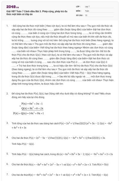 Giải VBT Toán 7 Cánh diều Bài 3. Phép cộng, phép trừ đa thức một biến có đáp án