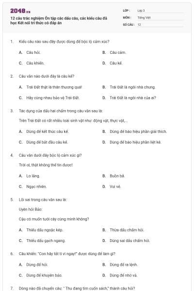 12 câu trắc nghiệm Ôn tập các dấu câu, các kiểu câu đã học Kết nối tri thức có đáp án