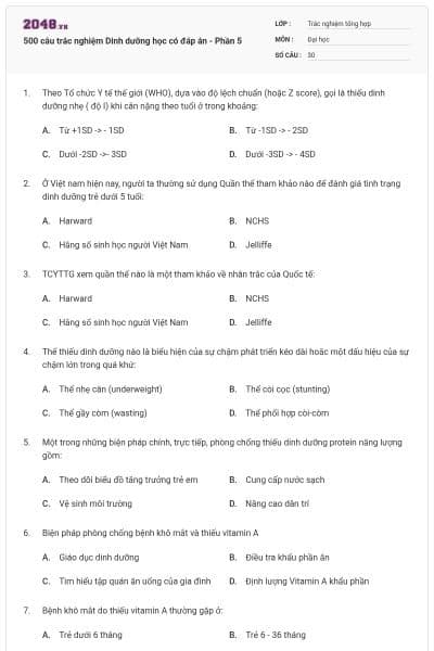 500 câu trắc nghiệm Dinh dưỡng học có đáp án - Phần 5
