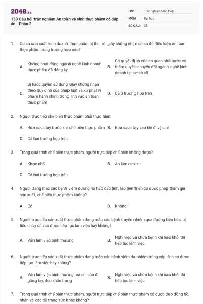 130 Câu hỏi trắc nghiệm An toàn vệ sinh thực phẩm có đáp án - Phần 2