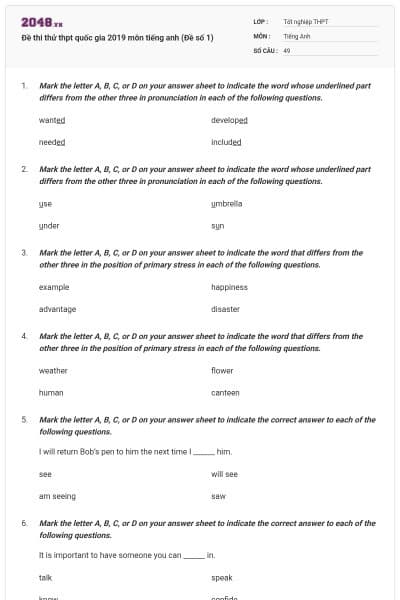 Đề thi thử thpt quốc gia 2019 môn tiếng anh (Đề số 1)