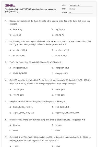 Tuyển tập đề thi thử THPTQG môn Hóa Học cực hay có lời giải (Đề số 27)