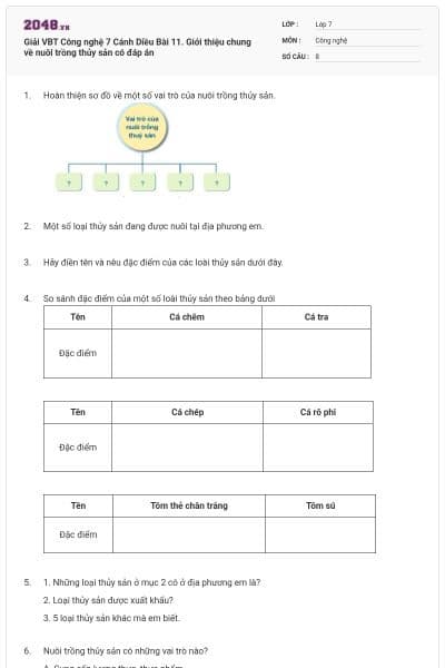 Giải VBT Công nghệ 7 Cánh Diều Bài 11. Giới thiệu chung về nuôi trồng thủy sản có đáp án