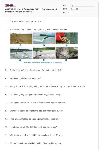 Giải VBT Công nghệ 7 Cánh Diều Bài 12. Quy trình nuôi cá nước ngọt trong ao có đáp án
