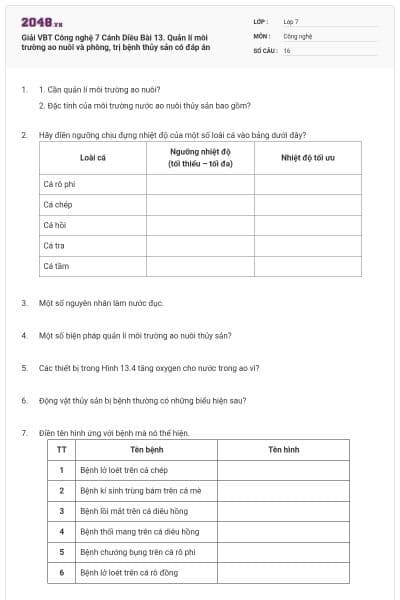 Giải VBT Công nghệ 7 Cánh Diều Bài 13. Quản lí môi trường ao nuôi và phòng, trị bệnh thủy sản có đáp án