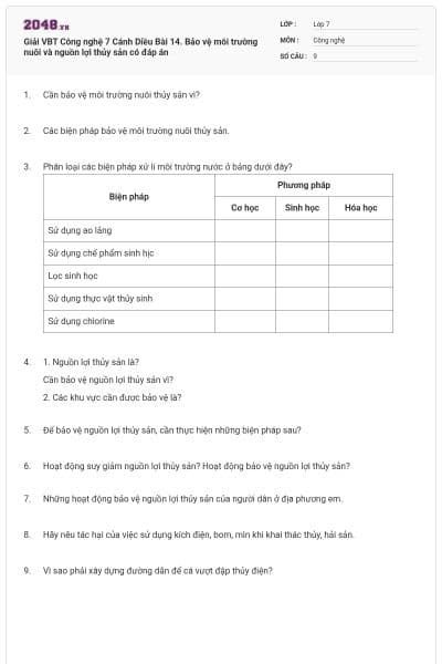 Giải VBT Công nghệ 7 Cánh Diều Bài 14. Bảo vệ môi trường nuôi và nguồn lợi thủy sản có đáp án