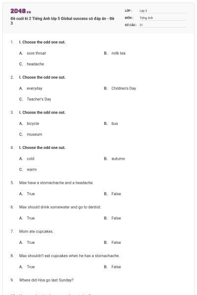Đề cuối kì 2 Tiếng Anh lớp 5 Global success có đáp án - Đề 3