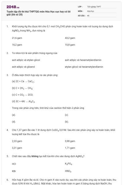 Tuyển tập đề thi thử THPTQG môn Hóa Học cực hay có lời giải (Đề số 28)