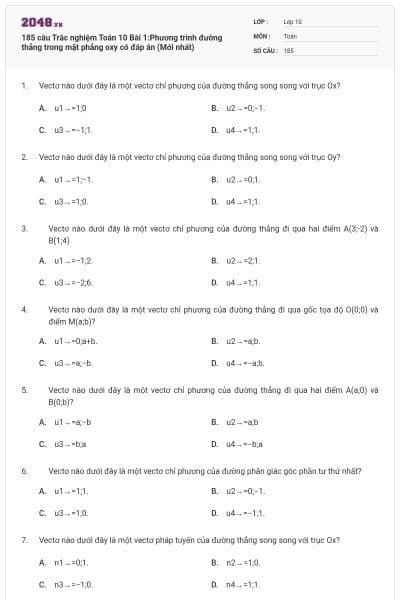 185 câu  Trắc nghiệm Toán 10 Bài 1:Phương trình đường thẳng trong mặt phẳng oxy có đáp án (Mới nhất)