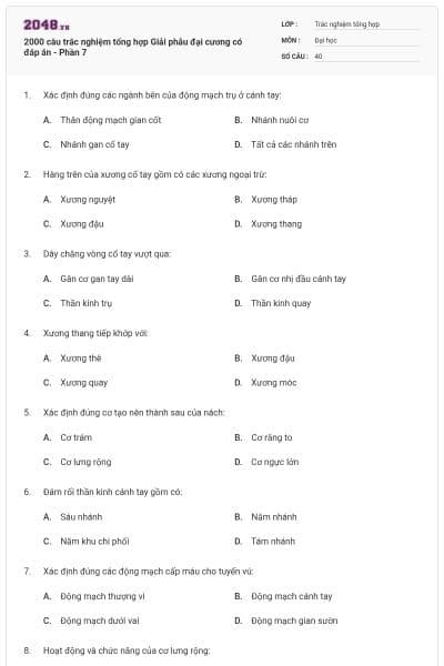 2000 câu trắc nghiệm tổng hợp Giải phẫu đại cương có đáp án - Phần 7