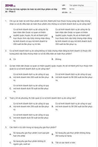 130 Câu hỏi trắc nghiệm An toàn vệ sinh thực phẩm có đáp án - Phần 5