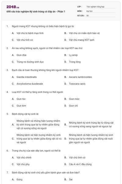 690 câu trắc nghiệm Ký sinh trùng có đáp án - Phần 1