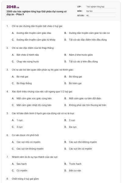 2000 câu trắc nghiệm tổng hợp Giải phẫu đại cương có đáp án - Phần 9