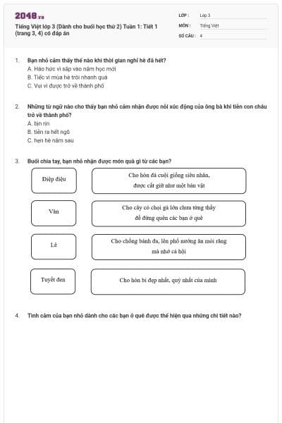 Tiếng Việt lớp 3 (Dành cho buổi học thứ 2) Tuần 1: Tiết 1 (trang 3, 4) có đáp án
