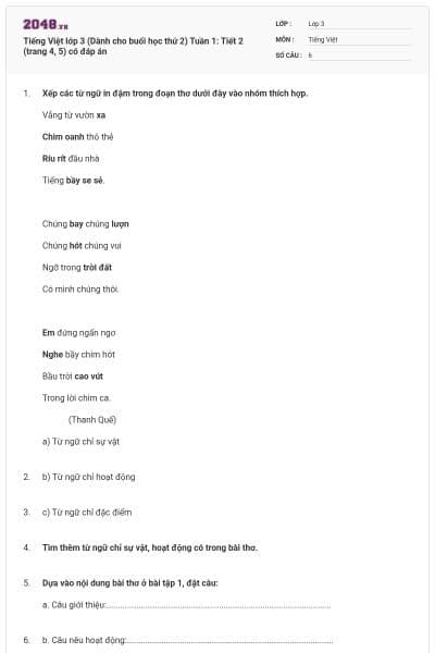 Tiếng Việt lớp 3 (Dành cho buổi học thứ 2) Tuần 1: Tiết 2 (trang 4, 5) có đáp án